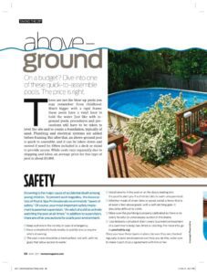 Above-ground pool with wooden deck and plants.