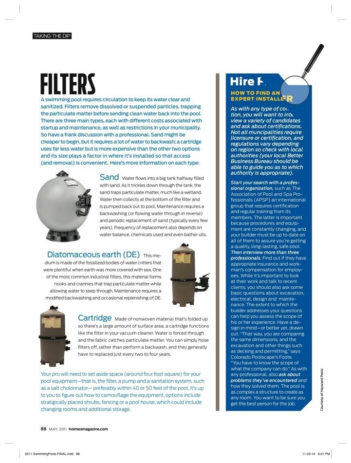 Swimming pool filters and installation tips article.